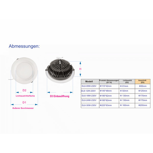 DL6 LED recessed downlight 30W � 200mm 120� 3000K warm white